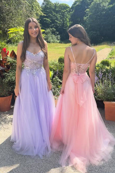 A Line Open Back Pink/Lilac Lace Long Prom Dress, Pink/Lilac Tulle Formal Graduation Evening Dress with Appliques A2300