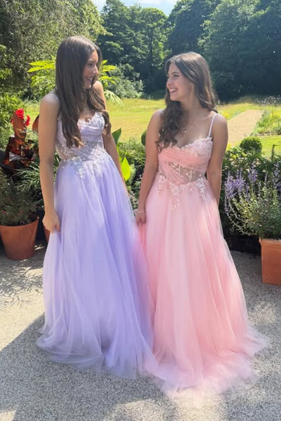 A Line Open Back Pink/Lilac Lace Long Prom Dress, Pink/Lilac Tulle Formal Graduation Evening Dress with Appliques A2300