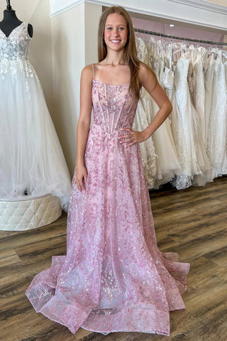 A Line Open Back Pink Sequins Lace Long Prom Dress, Open Back Pink Lace Formal Dress, Pink Lace Floral Evening Dress A2162
