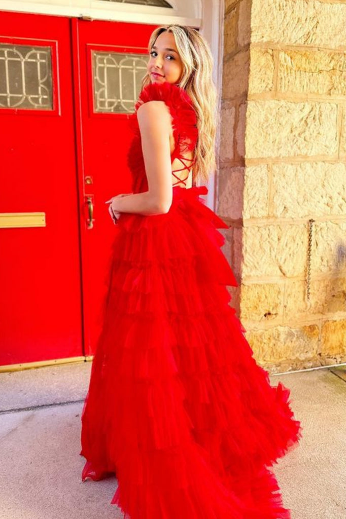 A Line Open Back Ruffle Red Long Prom Dress with Side Split, Red Tulle – abcprom