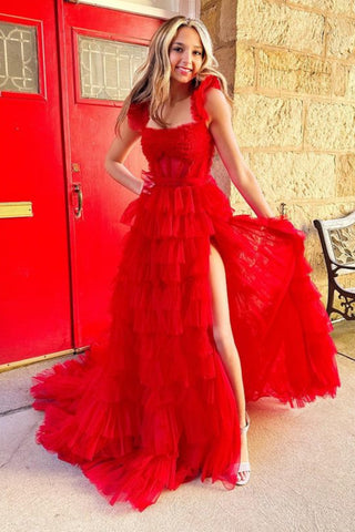 A Line Open Back Ruffle Red Long Prom Dress with Side Split, Red Tulle Formal Graduation Evening Dress A2044