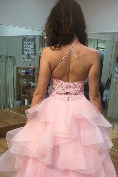 A Line Open Back Two Pieces Pink Lace Long Prom Dress, Pink Lace Formal Dress, Pink Evening Dress A2451