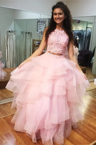 A Line Open Back Two Pieces Pink Lace Long Prom Dress, Pink Lace Formal Dress, Pink Evening Dress A2451