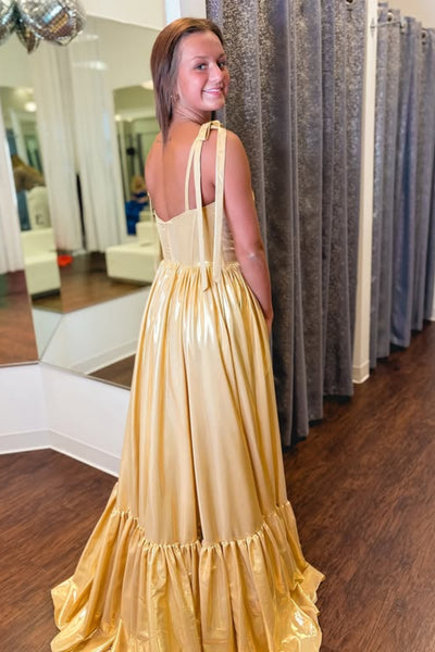 A Line Open Back Yellow Satin Long Prom Dress, Long Yellow Formal Graduation Evening Dress A2321