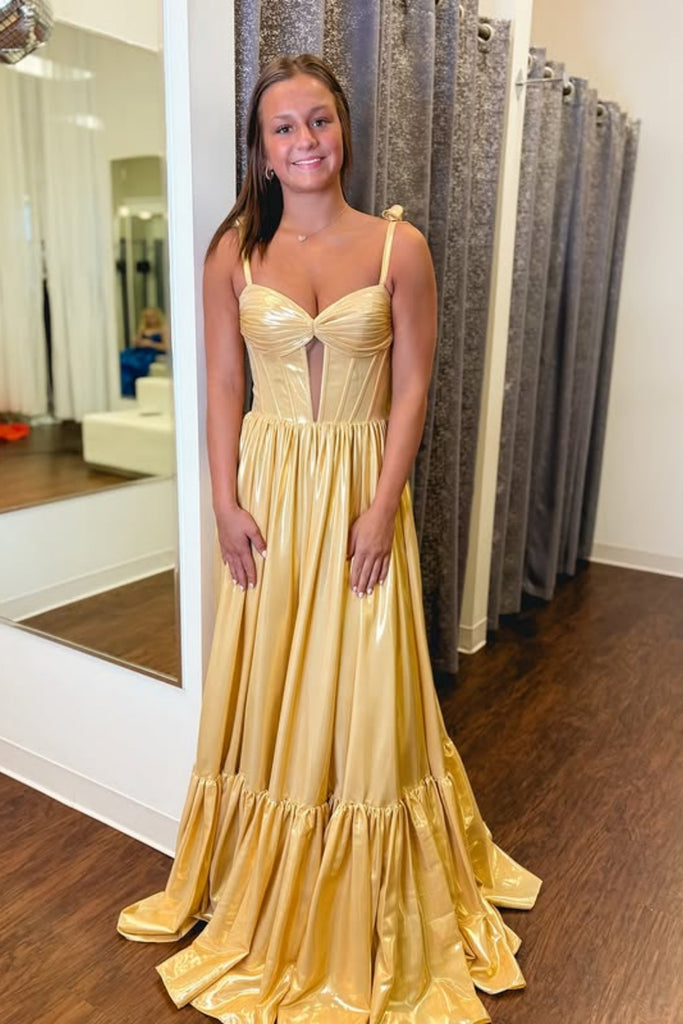 A Line Open Back Yellow Satin Long Prom Dress, Long Yellow Formal Graduation Evening Dress A2321