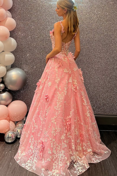 A Line Pink Lace Floral Long Prom Dress, Pink Lace Formal Dress, Pink Evening Dress with 3D Flowers A2484