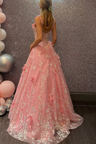 A Line Pink Lace Floral Long Prom Dress, Pink Lace Formal Dress, Pink Evening Dress with 3D Flowers A2484
