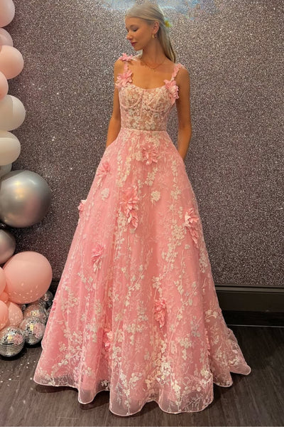 A Line Pink Lace Floral Long Prom Dress, Pink Lace Formal Dress, Pink Evening Dress with 3D Flowers A2484