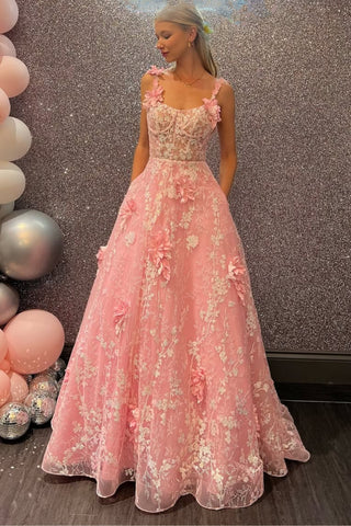 A Line Pink Lace Floral Long Prom Dress, Pink Lace Formal Dress, Pink Evening Dress with 3D Flowers A2484