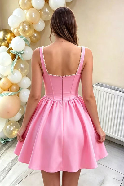 A Line Pink Satin Short Prom Dress with Pearls, Short Pink Homecoming Dress A2592