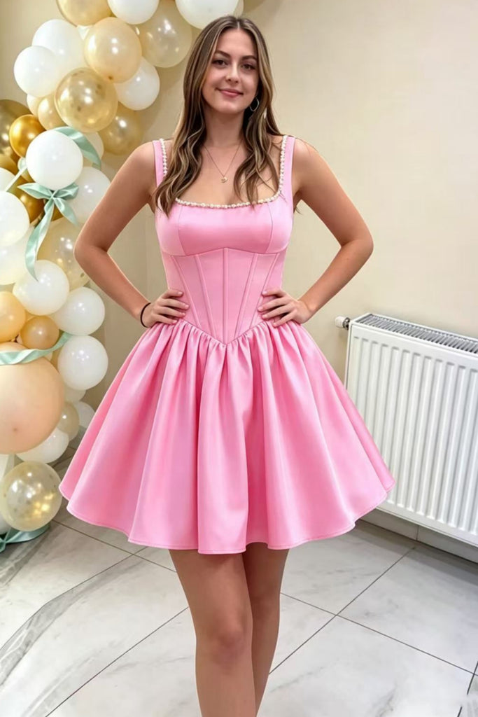 A Line Pink Satin Short Prom Dress with Pearls, Short Pink Homecoming Dress A2592