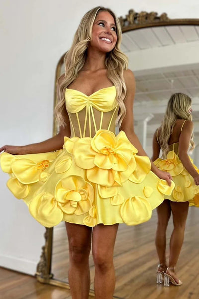 A Line Pink Yellow Short Floral Prom Dresses, Short Pink Yellow Graduation Homecoming Dresses