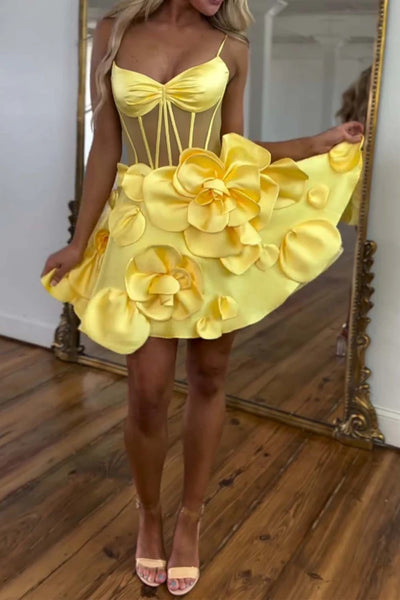 A Line Pink Yellow Short Floral Prom Dresses, Short Pink Yellow Graduation Homecoming Dresses
