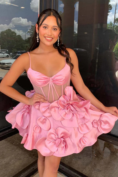 A Line Pink Yellow Short Floral Prom Dresses, Short Pink Yellow Graduation Homecoming Dresses