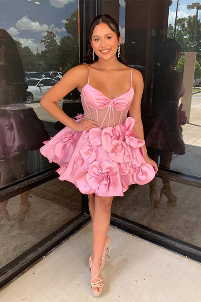 A Line Pink Yellow Short Floral Prom Dresses, Short Pink Yellow Graduation Homecoming Dresses