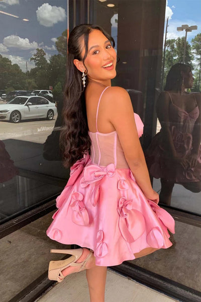A Line Pink Yellow Short Floral Prom Dresses, Short Pink Yellow Graduation Homecoming Dresses
