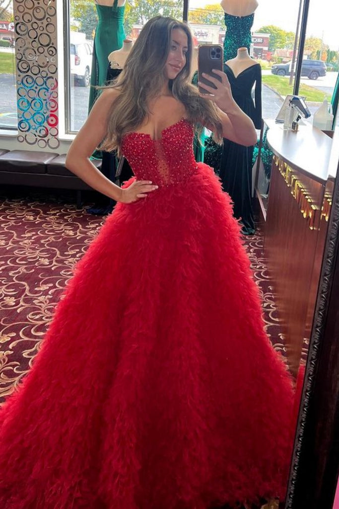 A Line Red Ruffle Tulle Long Prom Dresses with Beading, Beaded Red For