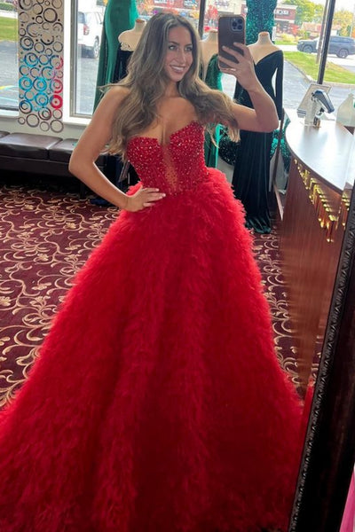 A Line Red Ruffle Tulle Long Prom Dresses with Beading, Beaded Red Formal Evening Dresses A2089