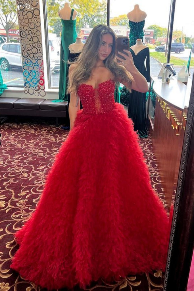 A Line Red Ruffle Tulle Long Prom Dresses with Beading, Beaded Red For
