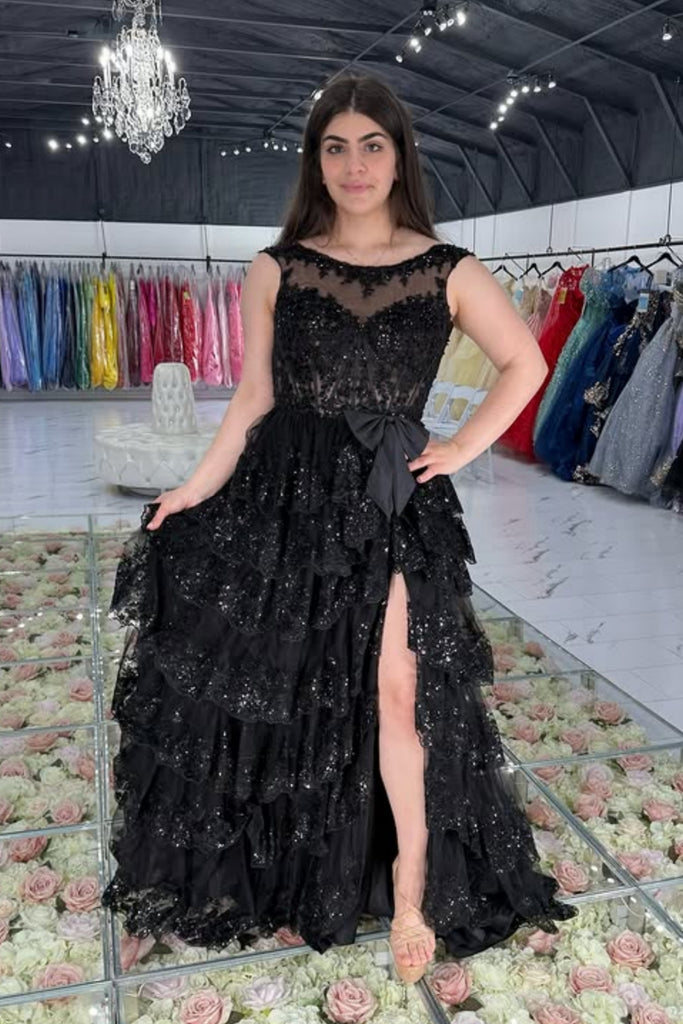 A Line Round Neck Layered Black Lace Long Prom Dress with High Slit, Black Lace Formal Dress, Black Evening Dress A2313