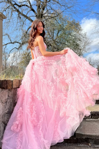A Line Ruffle Pink Lace Long Prom Dress with High Slit, Pink Lace Formal Graduation Evening Dress with Appliques A2260