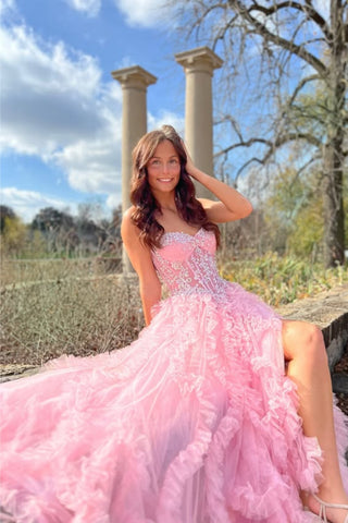 A Line Ruffle Pink Lace Long Prom Dress with High Slit, Pink Lace Formal Graduation Evening Dress with Appliques A2260