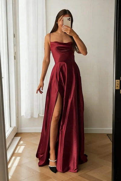 A Line Scoop Neck Burgundy Satin Long Prom Dresses, Wine Red Satin Long Formal Evening Dresses