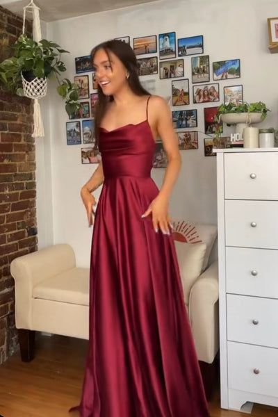 A Line Scoop Neck Burgundy Satin Long Prom Dresses, Wine Red Satin Long Formal Evening Dresses