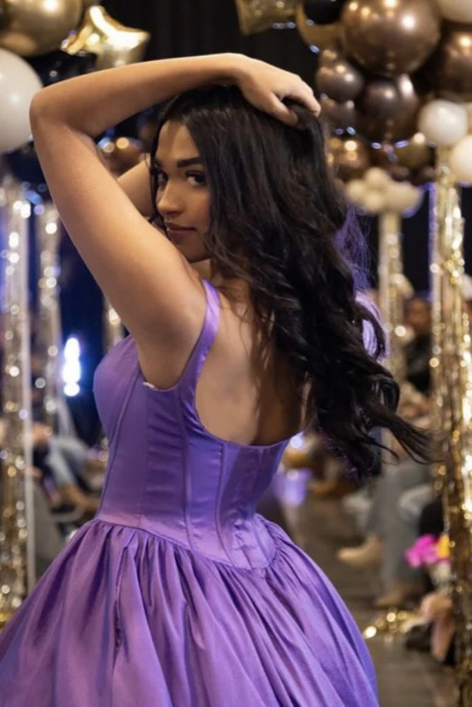 A Line Scoop Neck Pleated Purple Satin Long Prom Dress, Long Purple Fo abcprom A Line Scoop Neck Pleated Purple Satin Long Prom Dress, Long Purple Fo abcprom