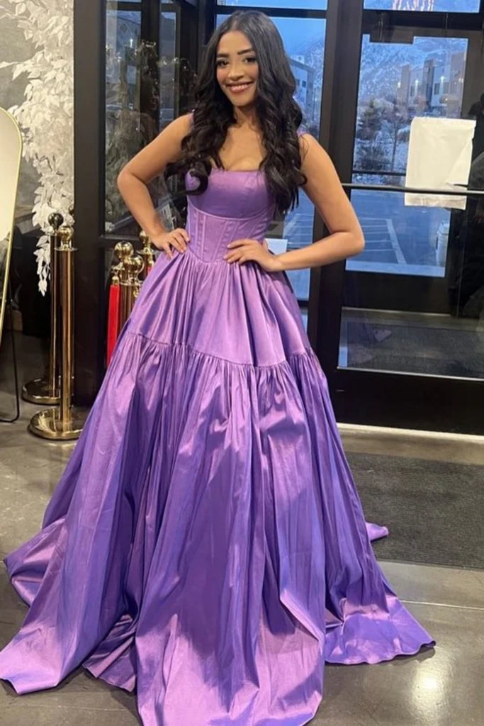 A Line Scoop Neck Pleated Purple Satin Long Prom Dress, Long Purple Fo abcprom A Line Scoop Neck Pleated Purple Satin Long Prom Dress, Long Purple Fo abcprom