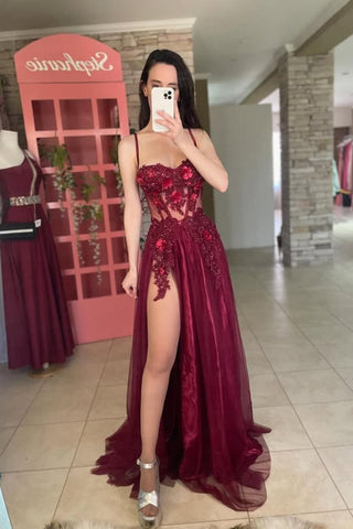 A Line Spaghetti Straps Burgundy Lace Long Prom Dress with High Slit, Burgundy Lace Formal Dress, Burgundy Evening Dress A2290