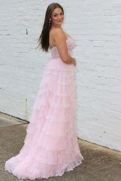 A Line Spaghetti Straps Layered Pink Lace Long Prom Dress, Pink Lace Formal Dress, Pink Evening Dress A2023