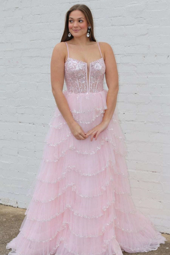 A Line Spaghetti Straps Layered Pink Lace Long Prom Dress, Pink Lace F