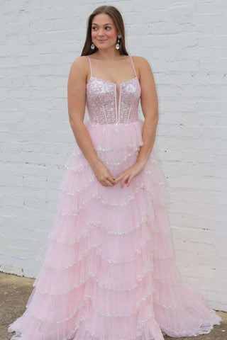 A Line Spaghetti Straps Layered Pink Lace Long Prom Dress, Pink Lace Formal Dress, Pink Evening Dress A2023