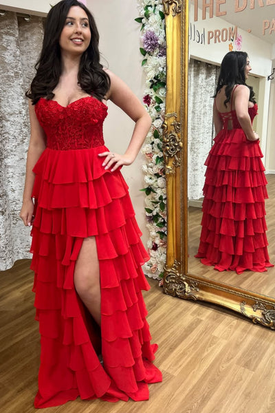 A Line Spaghetti Straps Layered Red Lace Long Prom Dress with Slit, Red Lace Formal Dress, Red Evening Dress A2528
