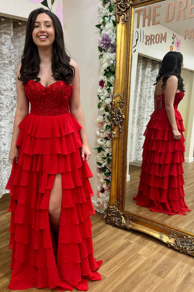 A Line Spaghetti Straps Layered Red Lace Long Prom Dress with Slit, Red Lace Formal Dress, Red Evening Dress A2528