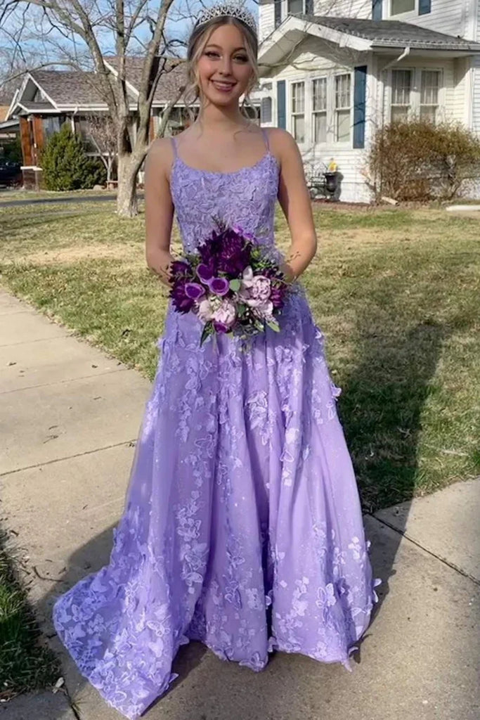 A Line Spaghetti Straps Open Back Purple Lace Long Prom Dress, Purple abcprom A Line Spaghetti Straps Open Back Purple Lace Long Prom Dress, Purple abcprom