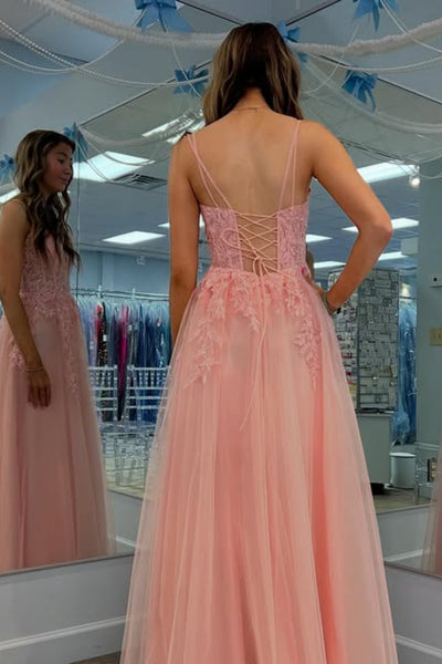 A Line Spaghetti Straps Pink Lace Long Prom Dress with Slit, Pink Lace Formal Graduation Evening Dress A2503