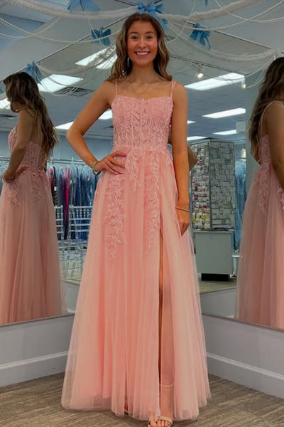 A Line Spaghetti Straps Pink Lace Long Prom Dress with Slit, Pink Lace Formal Graduation Evening Dress A2503