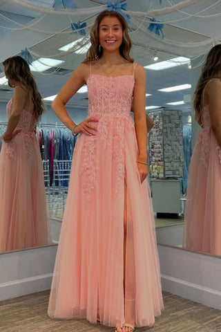 A Line Spaghetti Straps Pink Lace Long Prom Dress with Slit, Pink Lace Formal Graduation Evening Dress A2503