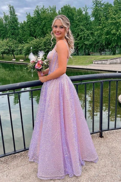 A Line Spaghetti Straps Pink Long Prom Dress, Lilac Sequins Pink Formal Graduation Evening Dress A2107