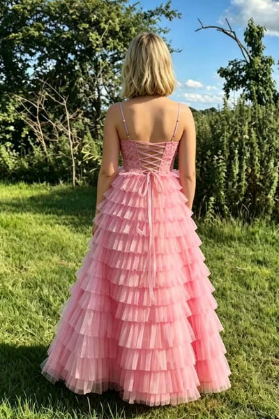 A Line Spaghetti Straps Ruffle Pink Lace Long Prom Dress, Pink Lace Formal Dress, Pink Evening Dress A2625