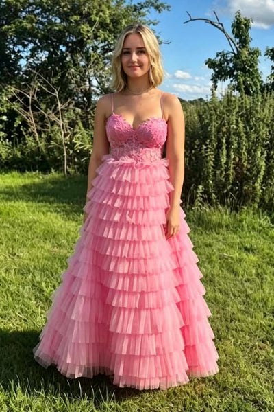 A Line Spaghetti Straps Ruffle Pink Lace Long Prom Dress, Pink Lace Formal Dress, Pink Evening Dress A2625