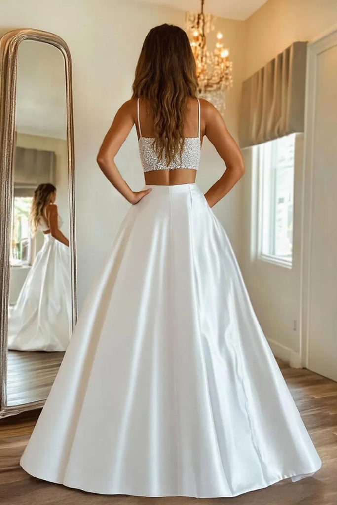 A Line Spaghetti Straps Two Piece Beaded White Long Prom Dress with Hi abcprom A Line Spaghetti Straps Two Piece Beaded White Long Prom Dress with Hi abcprom