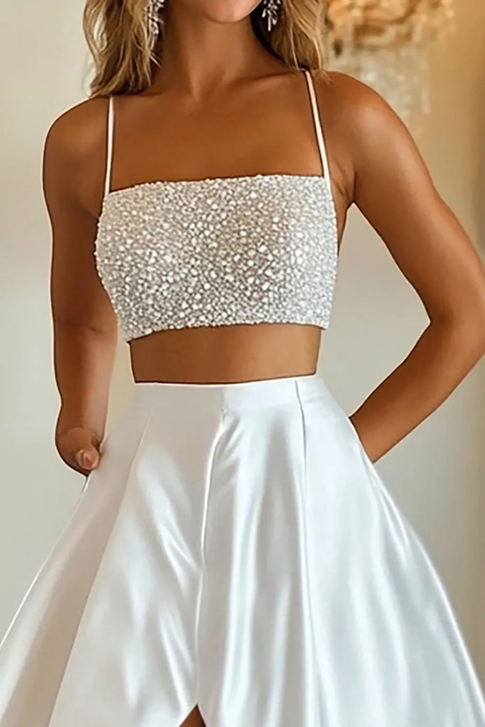 A Line Spaghetti Straps Two Piece Beaded White Long Prom Dress with Hi abcprom A Line Spaghetti Straps Two Piece Beaded White Long Prom Dress with Hi abcprom