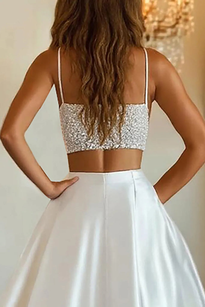 2 piece white dress A Line Spaghetti Straps Two Piece Beaded White Long Prom Dress with Hi – abcprom