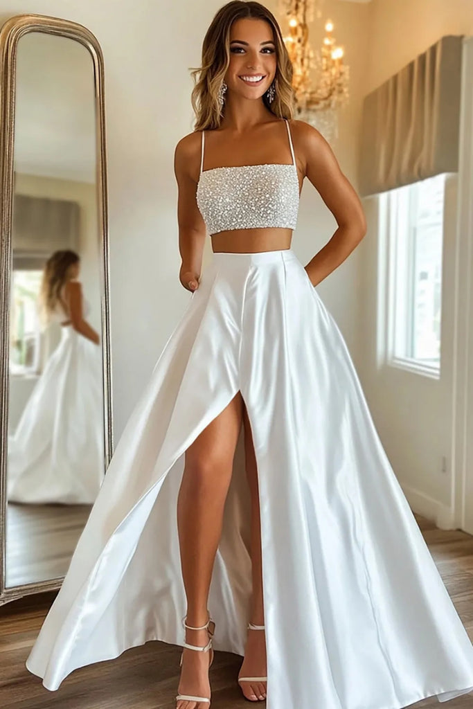 A Line Spaghetti Straps Two Piece Beaded White Long Prom Dress with Hi abcprom A Line Spaghetti Straps Two Piece Beaded White Long Prom Dress with Hi abcprom