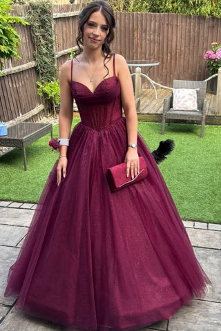 A Line Spaghetti Straps V Neck Burgundy Tulle Long Prom Dress, Burgundy Formal Graduation Evening Dress A2532