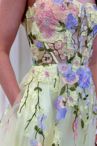 A Line Spaghetti Straps Yellow Long Prom Dress with Appliques, Yellow Lace Floral Formal Graduation Evening Dress A2403