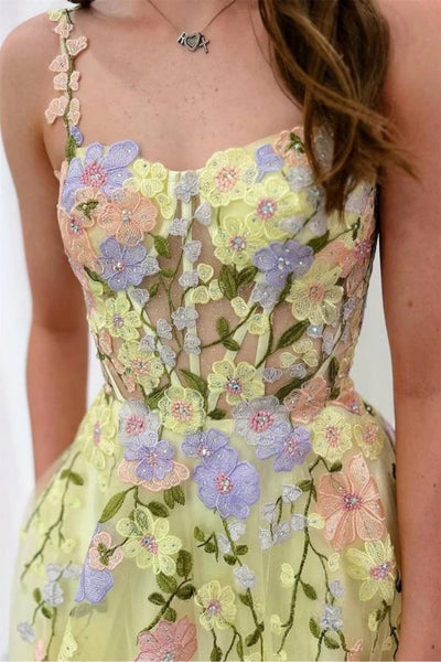 A Line Spaghetti Straps Yellow Long Prom Dress with Appliques, Yellow Lace Floral Formal Graduation Evening Dress A2403